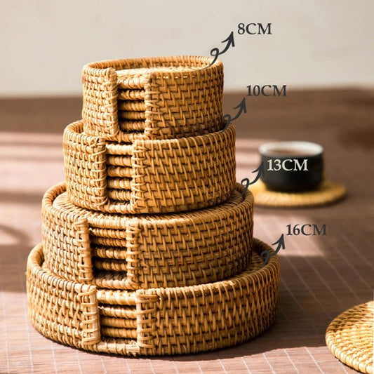 6PC Round Natural Rattan Coasters Bowl Pad Handmade Insulation Placemats Table Padding Cup Mats Kitchen Decoration Accessories - Smoothy Home
