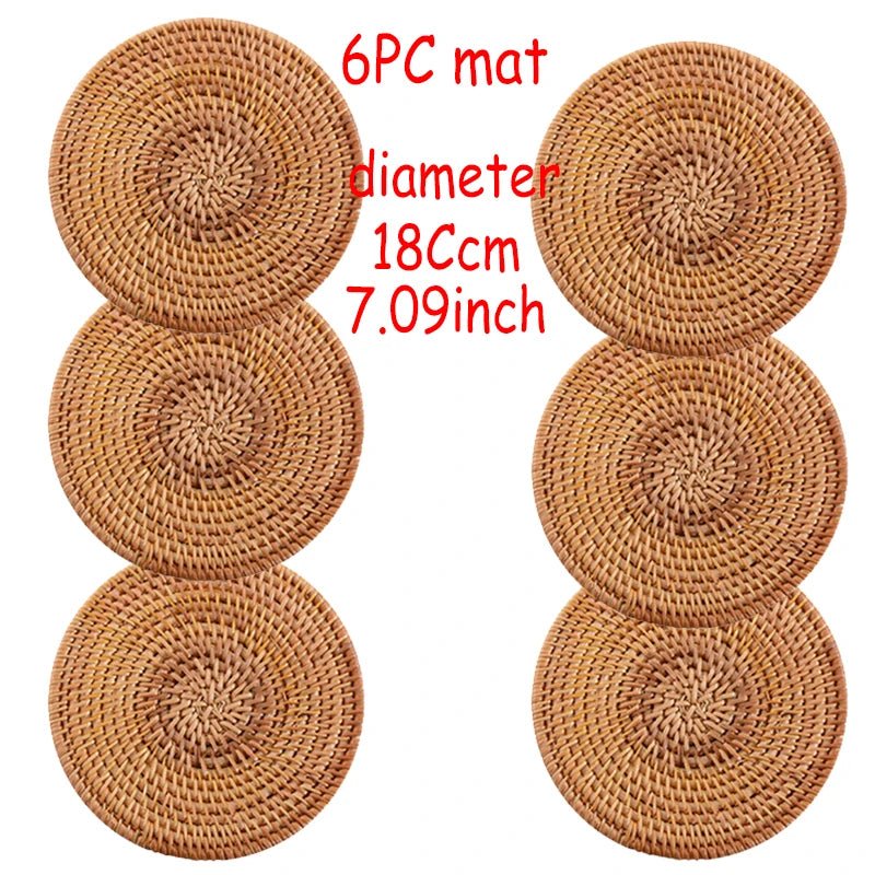 6PC Round Natural Rattan Coasters Bowl Pad Handmade Insulation Placemats Table Padding Cup Mats Kitchen Decoration Accessories - Smoothy Home
