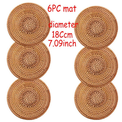 6PC Round Natural Rattan Coasters Bowl Pad Handmade Insulation Placemats Table Padding Cup Mats Kitchen Decoration Accessories - Smoothy Home