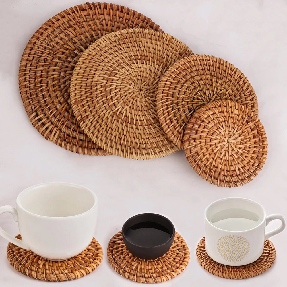 6PC Round Natural Rattan Coasters Bowl Pad Handmade Insulation Placemats Table Padding Cup Mats Kitchen Decoration Accessories - Smoothy Home