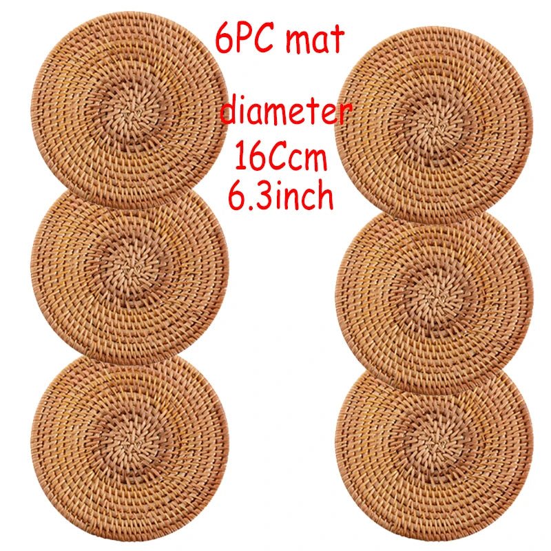 6PC Round Natural Rattan Coasters Bowl Pad Handmade Insulation Placemats Table Padding Cup Mats Kitchen Decoration Accessories - Smoothy Home