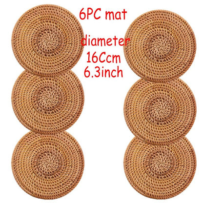 6PC Round Natural Rattan Coasters Bowl Pad Handmade Insulation Placemats Table Padding Cup Mats Kitchen Decoration Accessories - Smoothy Home