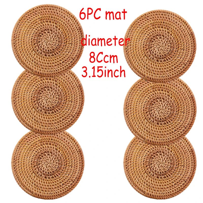 6PC Round Natural Rattan Coasters Bowl Pad Handmade Insulation Placemats Table Padding Cup Mats Kitchen Decoration Accessories - Smoothy Home