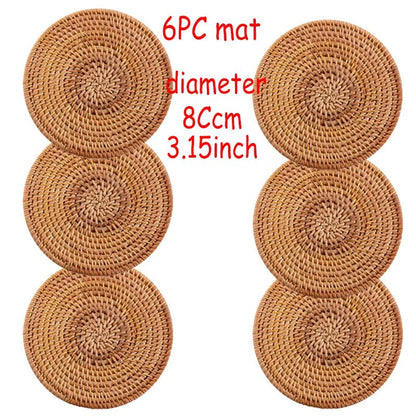 6PC Round Natural Rattan Coasters Bowl Pad Handmade Insulation Placemats Table Padding Cup Mats Kitchen Decoration Accessories - Smoothy Home