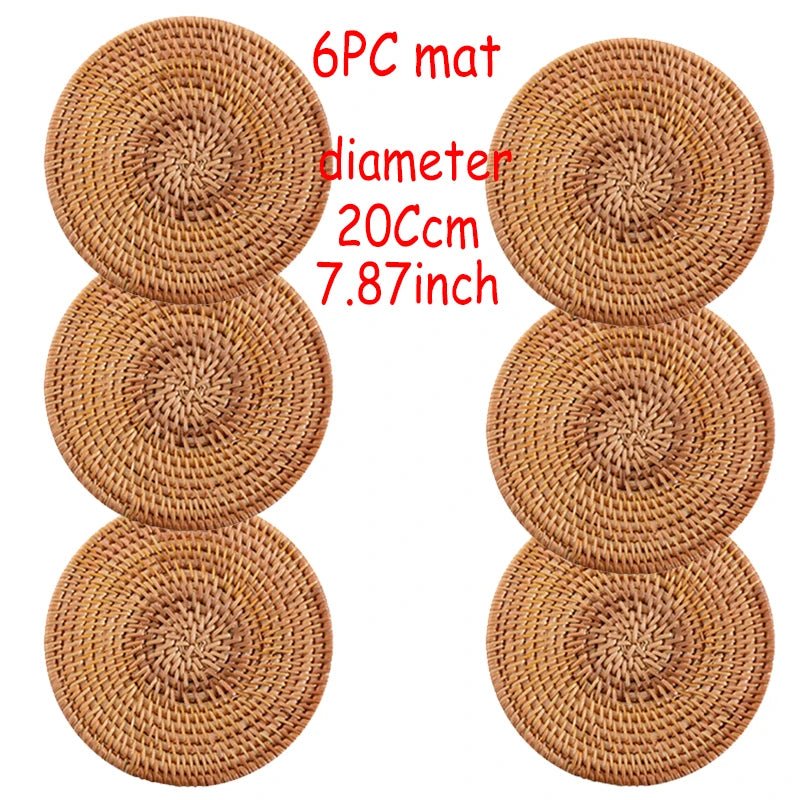 6PC Round Natural Rattan Coasters Bowl Pad Handmade Insulation Placemats Table Padding Cup Mats Kitchen Decoration Accessories - Smoothy Home