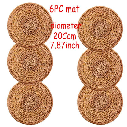 6PC Round Natural Rattan Coasters Bowl Pad Handmade Insulation Placemats Table Padding Cup Mats Kitchen Decoration Accessories - Smoothy Home