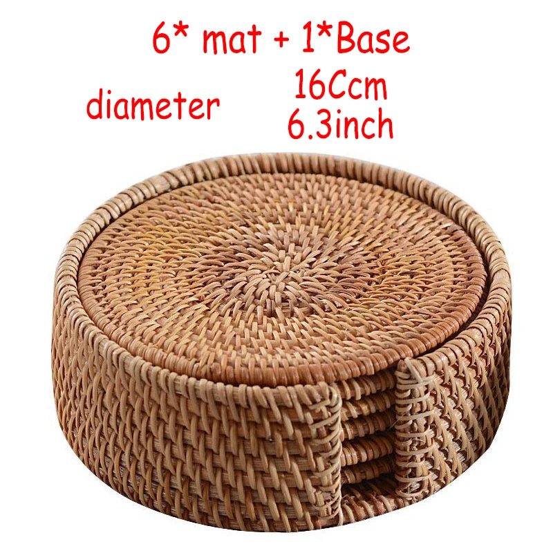 6PC Round Natural Rattan Coasters Bowl Pad Handmade Insulation Placemats Table Padding Cup Mats Kitchen Decoration Accessories - Smoothy Home