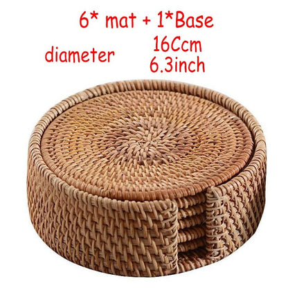 6PC Round Natural Rattan Coasters Bowl Pad Handmade Insulation Placemats Table Padding Cup Mats Kitchen Decoration Accessories - Smoothy Home