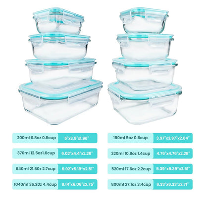 8pcs Glass Food Storage Containers Set Lunch Box Leakproof Airtight Microwave & Oven Safe Stackable Kitchen Organizers - Smoothy Home