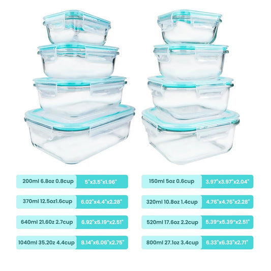 8pcs Glass Food Storage Containers Set Lunch Box Leakproof Airtight Microwave & Oven Safe Stackable Kitchen Organizers - Smoothy Home