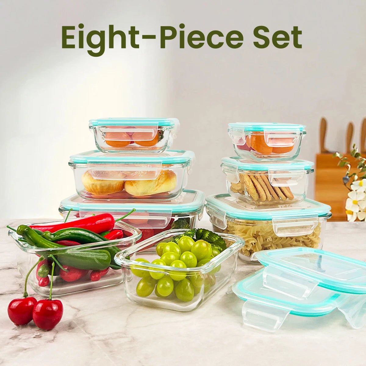 8pcs Glass Food Storage Containers Set Lunch Box Leakproof Airtight Microwave & Oven Safe Stackable Kitchen Organizers - Smoothy Home