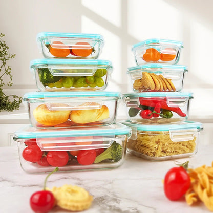 8pcs Glass Food Storage Containers Set Lunch Box Leakproof Airtight Microwave & Oven Safe Stackable Kitchen Organizers - Smoothy Home