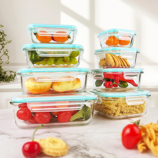8pcs Glass Food Storage Containers Set Lunch Box Leakproof Airtight Microwave & Oven Safe Stackable Kitchen Organizers - Smoothy Home