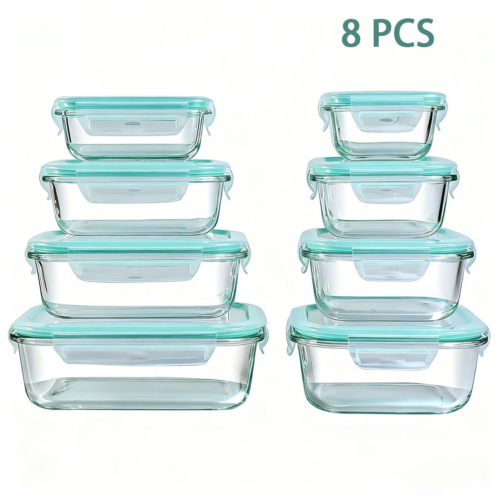 8pcs Glass Food Storage Containers Set Lunch Box Leakproof Airtight Microwave & Oven Safe Stackable Kitchen Organizers - Smoothy Home