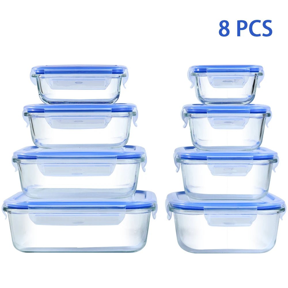 8pcs Glass Food Storage Containers Set Lunch Box Leakproof Airtight Microwave & Oven Safe Stackable Kitchen Organizers - Smoothy Home