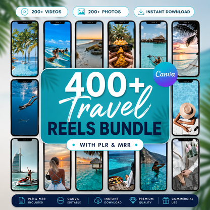 400+ Travel Reels Bundle | 200+ Videos + 200+ Photos | Canva Templates with PLR & MRR | Instant Download