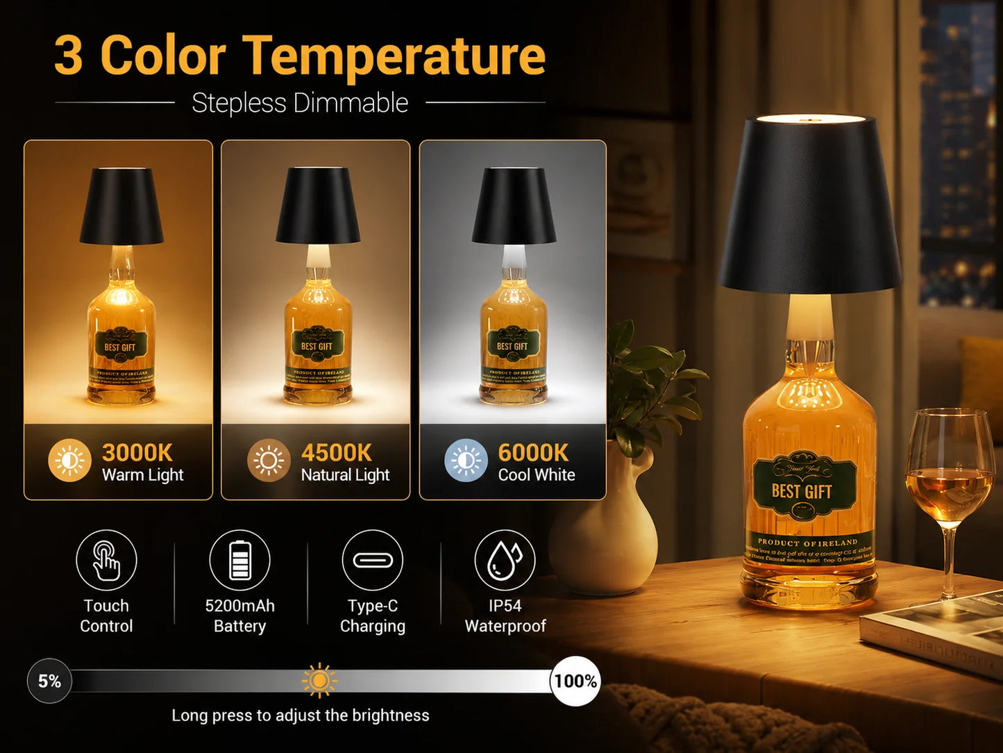 Wireless LED Bottle Lamp Rechargeable RGB Dimmable Wine Bottle Light Portable for Bar Restaurant Camping Party Decor Night Light