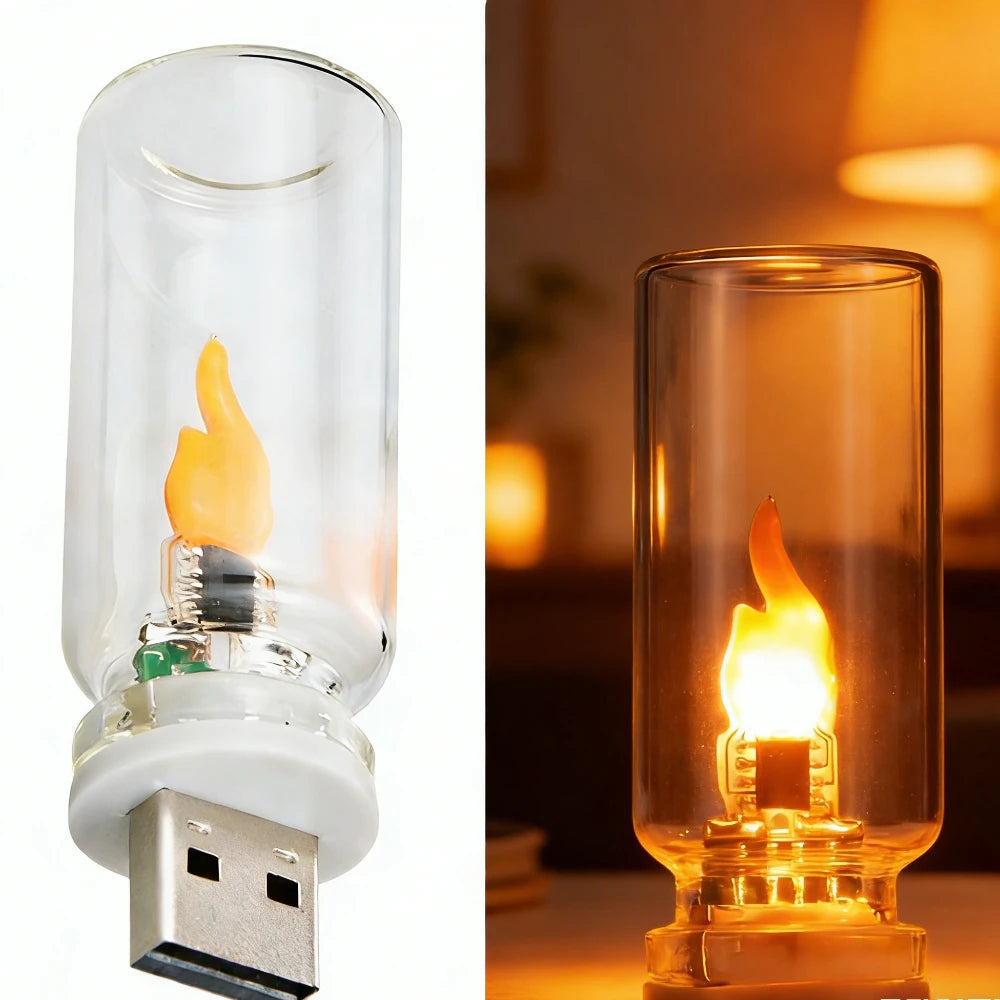 USB LED Flame Type Night Light Frosted Clear Glass Flickering Dynamic Flame Light Flash Mood Lighting for Car Interior Home Lamp
