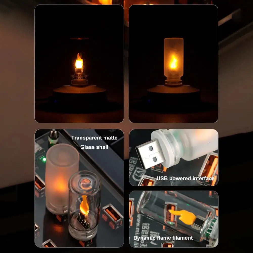 USB LED Flame Type Night Light Frosted Clear Glass Flickering Dynamic Flame Light Flash Mood Lighting for Car Interior Home Lamp
