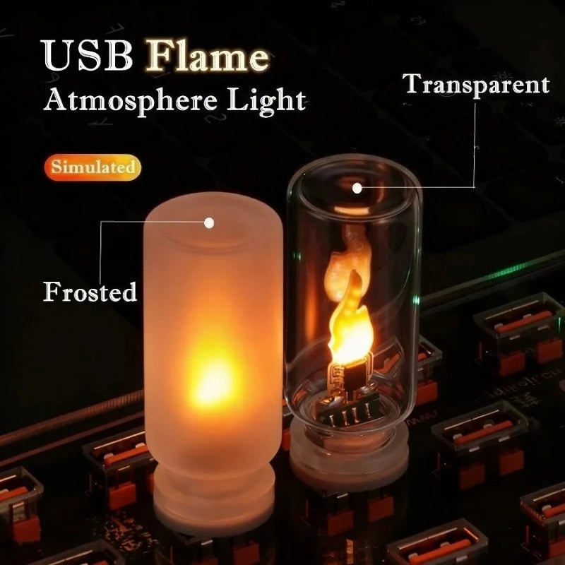 USB LED Flame Type Night Light Frosted Clear Glass Flickering Dynamic Flame Light Flash Mood Lighting for Car Interior Home Lamp