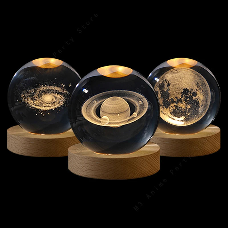 Unique 3D Crystal Ball Night Light Led Lamp Bedside Table Glowing Galaxy Lamp Saturn Planets Moon Birthday Gift Toy 5cm