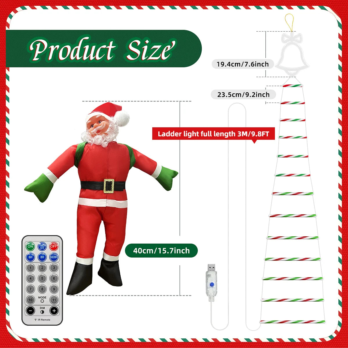 Santa Claus Doll Climbing Ladder LED String Lights Indoor Outdoor, USB/Solar Charging with Remote, Window Garden Christmas Decor