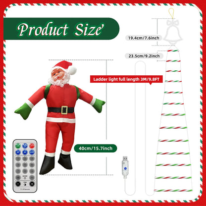 Santa Claus Doll Climbing Ladder LED String Lights Indoor Outdoor, USB/Solar Charging with Remote, Window Garden Christmas Decor