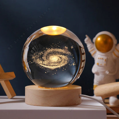 Unique 3D Crystal Ball Night Light Led Lamp Bedside Table Glowing Galaxy Lamp Saturn Planets Moon Birthday Gift Toy 5cm
