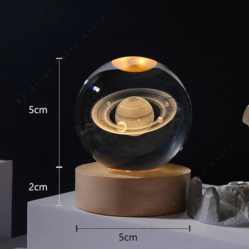 Unique 3D Crystal Ball Night Light Led Lamp Bedside Table Glowing Galaxy Lamp Saturn Planets Moon Birthday Gift Toy 5cm
