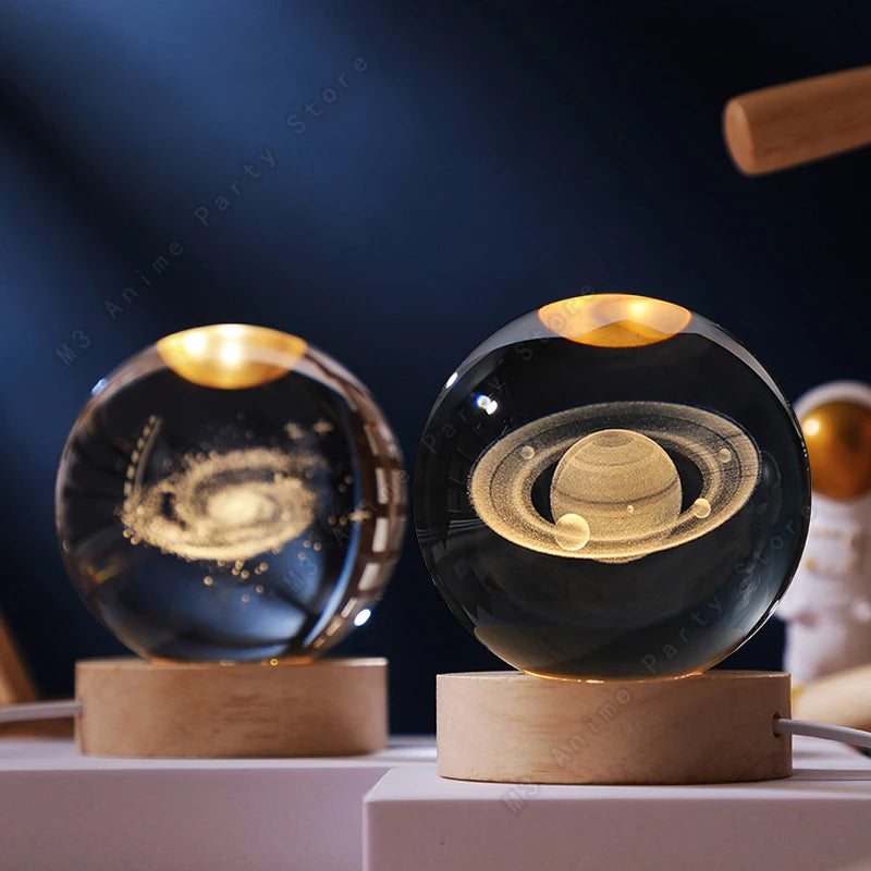 Unique 3D Crystal Ball Night Light Led Lamp Bedside Table Glowing Galaxy Lamp Saturn Planets Moon Birthday Gift Toy 5cm