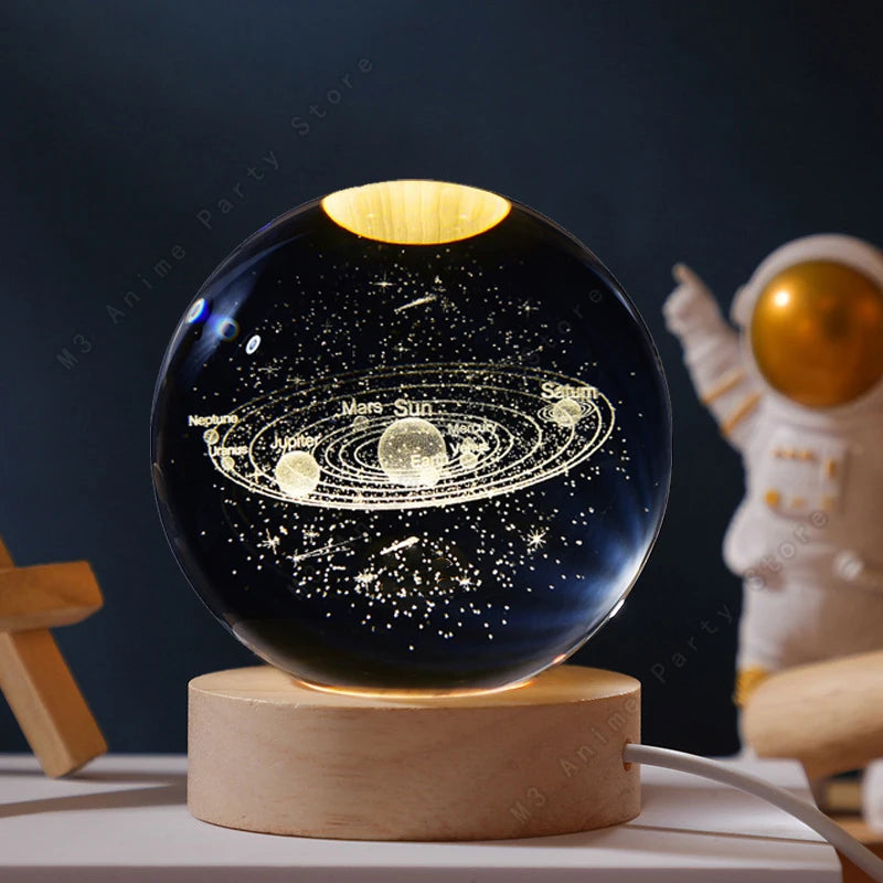 Unique 3D Crystal Ball Night Light Led Lamp Bedside Table Glowing Galaxy Lamp Saturn Planets Moon Birthday Gift Toy 5cm