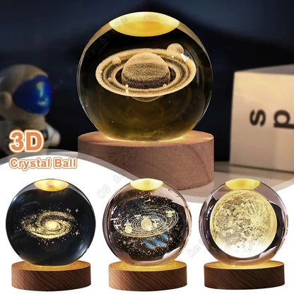 Unique 3D Crystal Ball Night Light Led Lamp Bedside Table Glowing Galaxy Lamp Saturn Planets Moon Birthday Gift Toy 5cm