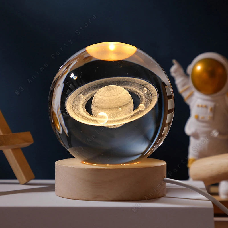 Unique 3D Crystal Ball Night Light Led Lamp Bedside Table Glowing Galaxy Lamp Saturn Planets Moon Birthday Gift Toy 5cm