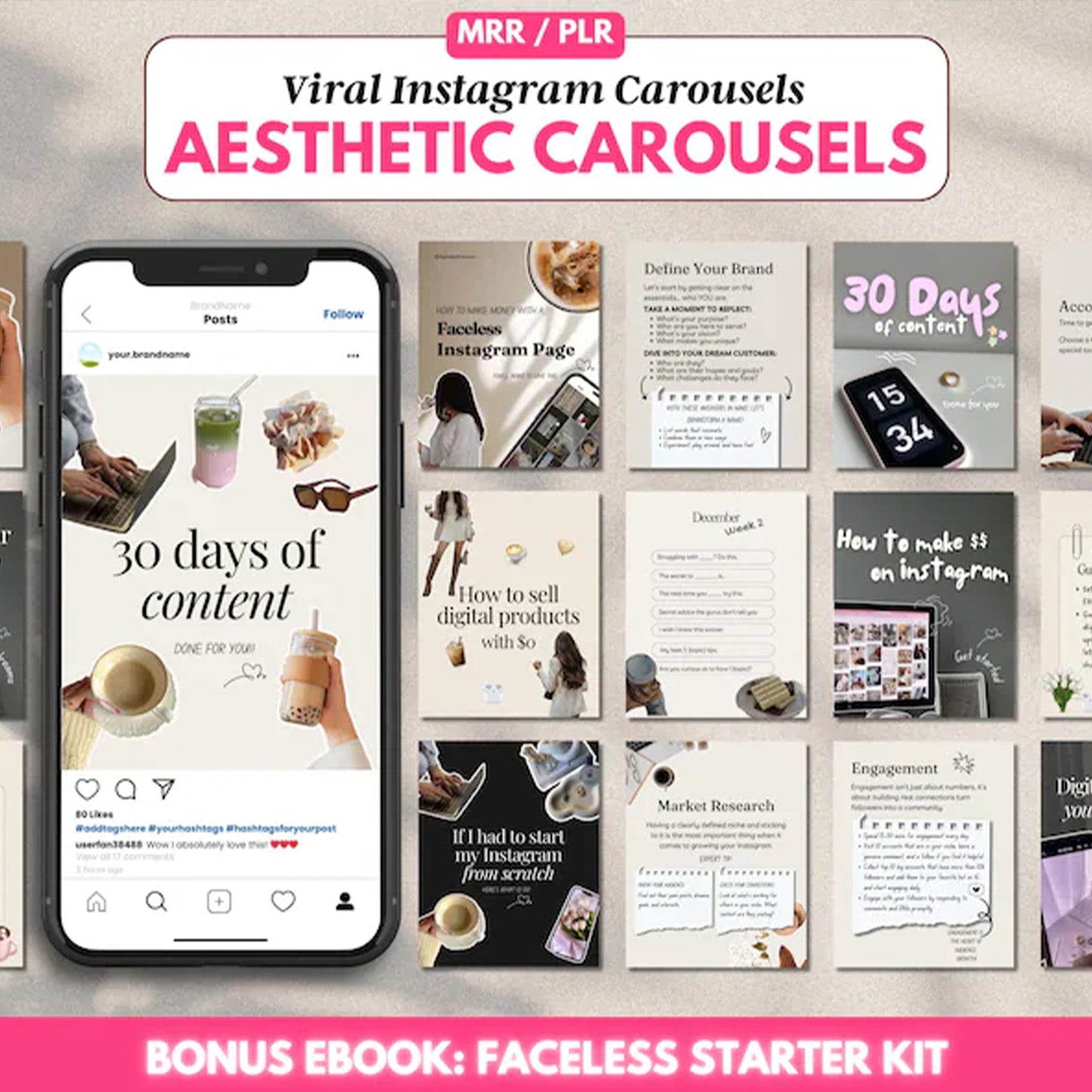 Viral Aesthetic Instagram Carousels | Done-For-You Content with MRR/PLR | Faceless & Digital Product Niches + Bonus Ebook