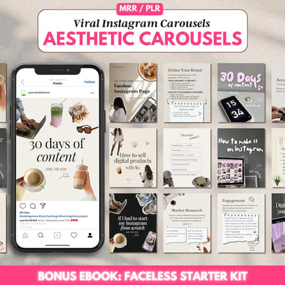 Viral Aesthetic Instagram Carousels | Done-For-You Content with MRR/PLR | Faceless & Digital Product Niches + Bonus Ebook