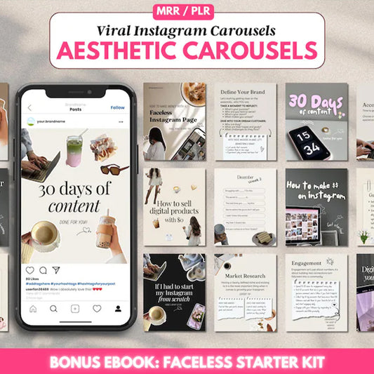 Viral Aesthetic Instagram Carousels | Done-For-You Content with MRR/PLR | Faceless & Digital Product Niches + Bonus Ebook