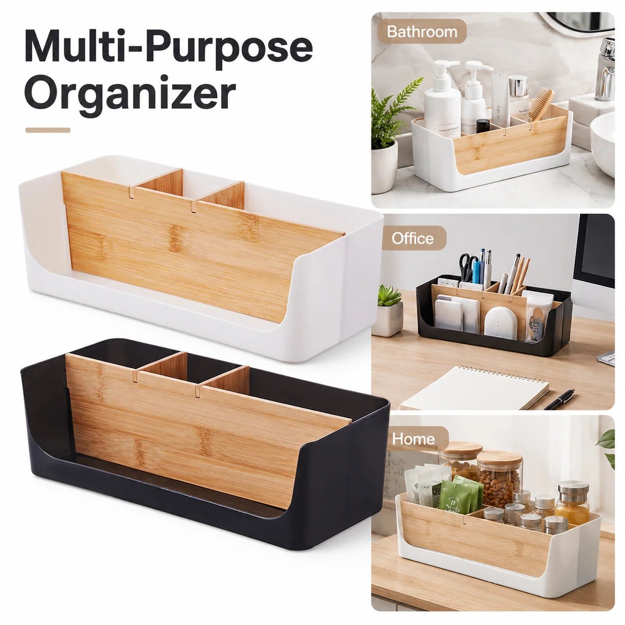 Bamboo Desk Organizer Storage Box 4 Compartments Home Kitchen Drawer Divider Makeup Stationery Holder - Smoothy Home