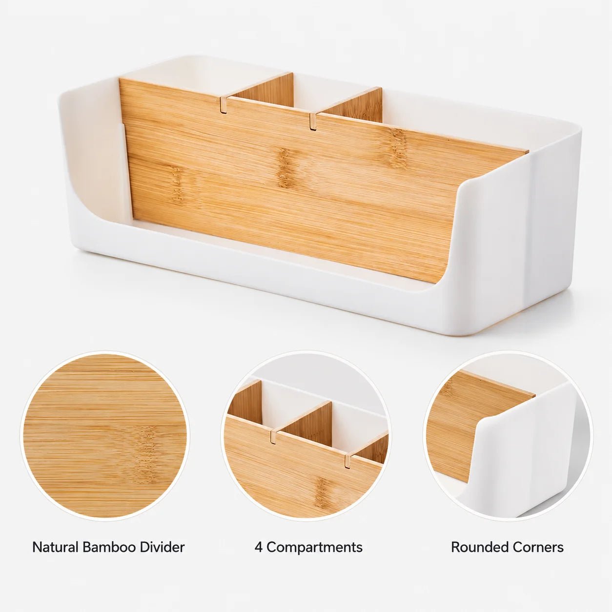 Bamboo Desk Organizer Storage Box 4 Compartments Home Kitchen Drawer Divider Makeup Stationery Holder - Smoothy Home