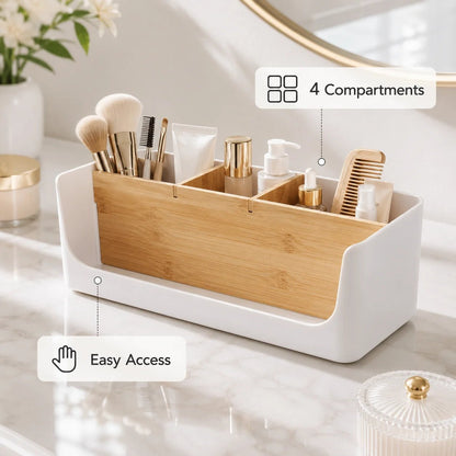 Bamboo Desk Organizer Storage Box 4 Compartments Home Kitchen Drawer Divider Makeup Stationery Holder - Smoothy Home