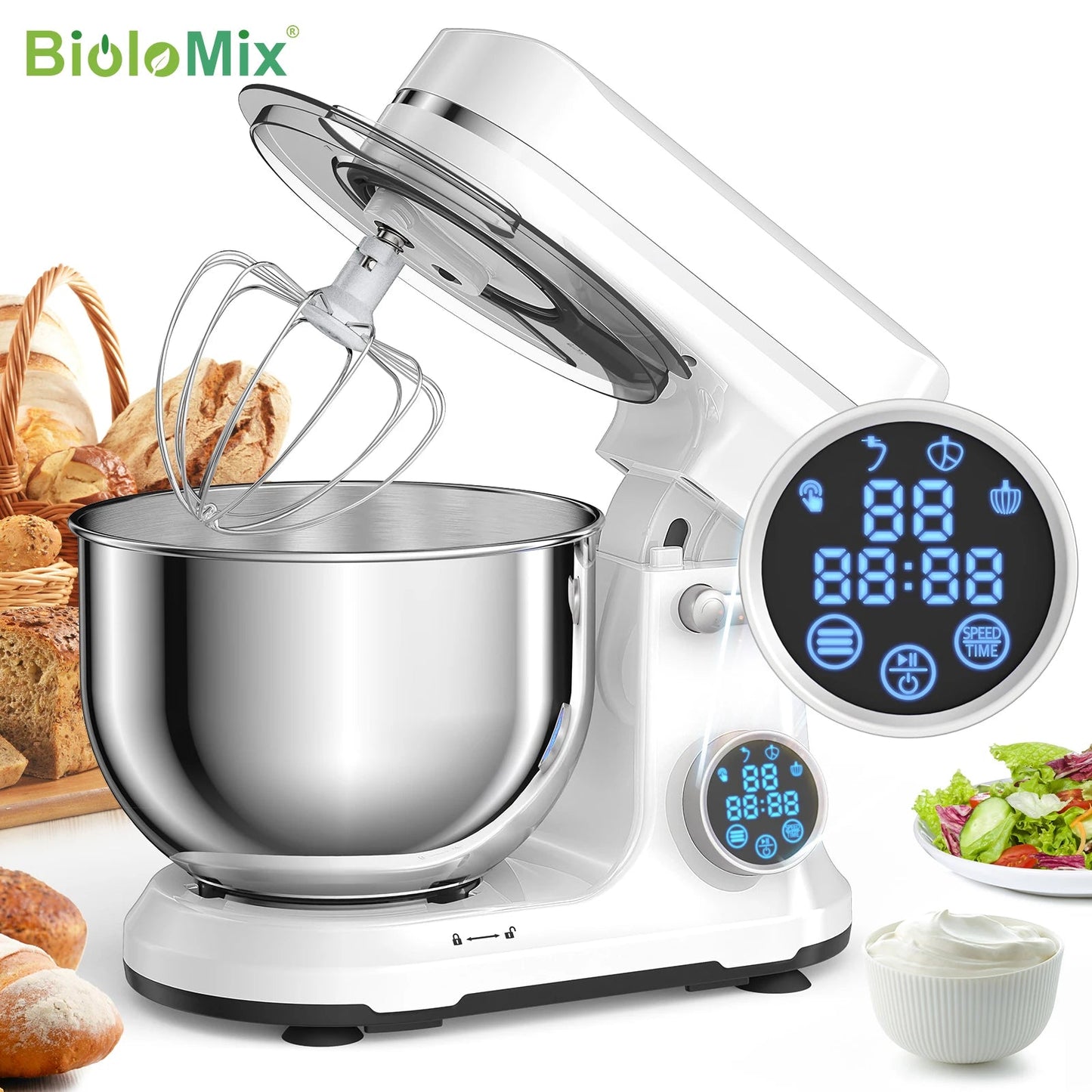 BioloMix Kitchen Food Stand Mixer, 1200W 11-Speeds DC Motor, Digital OLED Screen, Electric Food Mixer with Dough Hook, Whisk - Smoothy Home