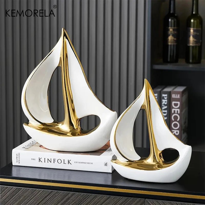 Ceramics Luxury Sailboat Sculpture Post-modern Living Room Ornaments Office Desk Accessories Decorative Boat Figurines Craft - Smoothy Home