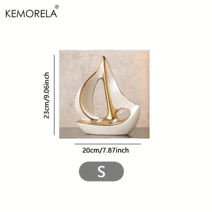 Ceramics Luxury Sailboat Sculpture Post-modern Living Room Ornaments Office Desk Accessories Decorative Boat Figurines Craft - Smoothy Home
