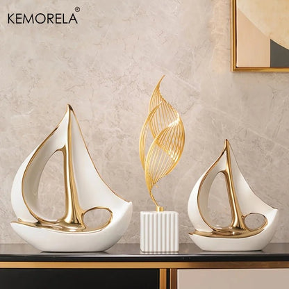 Ceramics Luxury Sailboat Sculpture Post-modern Living Room Ornaments Office Desk Accessories Decorative Boat Figurines Craft - Smoothy Home