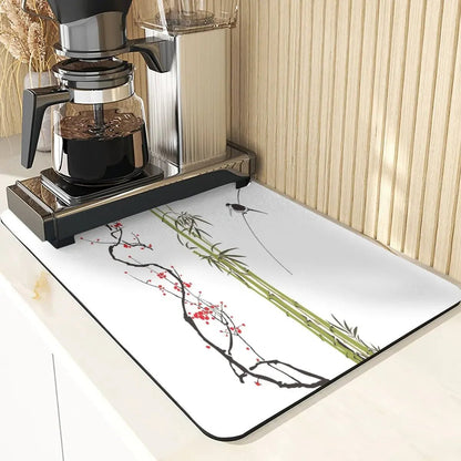 Chinese Style Absorbent Drying Mat For Kitchen Placemats For Table Sink Diatomaceous Earth Mat Plant Pattern Silicone Dish Mats - Smoothy Home
