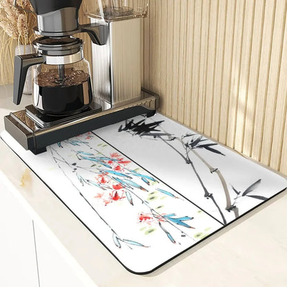 Chinese Style Absorbent Drying Mat For Kitchen Placemats For Table Sink Diatomaceous Earth Mat Plant Pattern Silicone Dish Mats - Smoothy Home