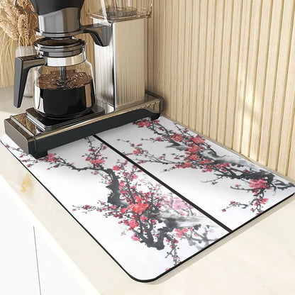 Chinese Style Absorbent Drying Mat For Kitchen Placemats For Table Sink Diatomaceous Earth Mat Plant Pattern Silicone Dish Mats - Smoothy Home