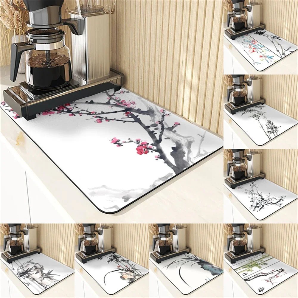 Chinese Style Absorbent Drying Mat For Kitchen Placemats For Table Sink Diatomaceous Earth Mat Plant Pattern Silicone Dish Mats - Smoothy Home