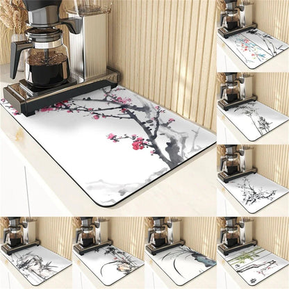 Chinese Style Absorbent Drying Mat For Kitchen Placemats For Table Sink Diatomaceous Earth Mat Plant Pattern Silicone Dish Mats - Smoothy Home