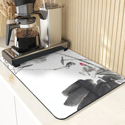 Chinese Style Absorbent Drying Mat For Kitchen Placemats For Table Sink Diatomaceous Earth Mat Plant Pattern Silicone Dish Mats - Smoothy Home