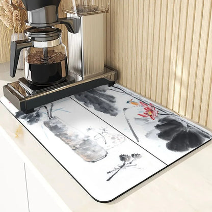 Chinese Style Absorbent Drying Mat For Kitchen Placemats For Table Sink Diatomaceous Earth Mat Plant Pattern Silicone Dish Mats - Smoothy Home